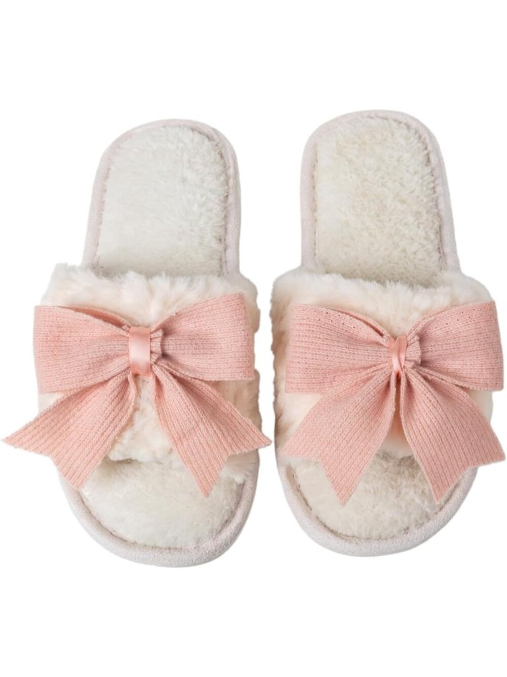 Women Pink Fuzzy Bow House Slippers Memory Foam Slides Open Toe Plush Fleece
